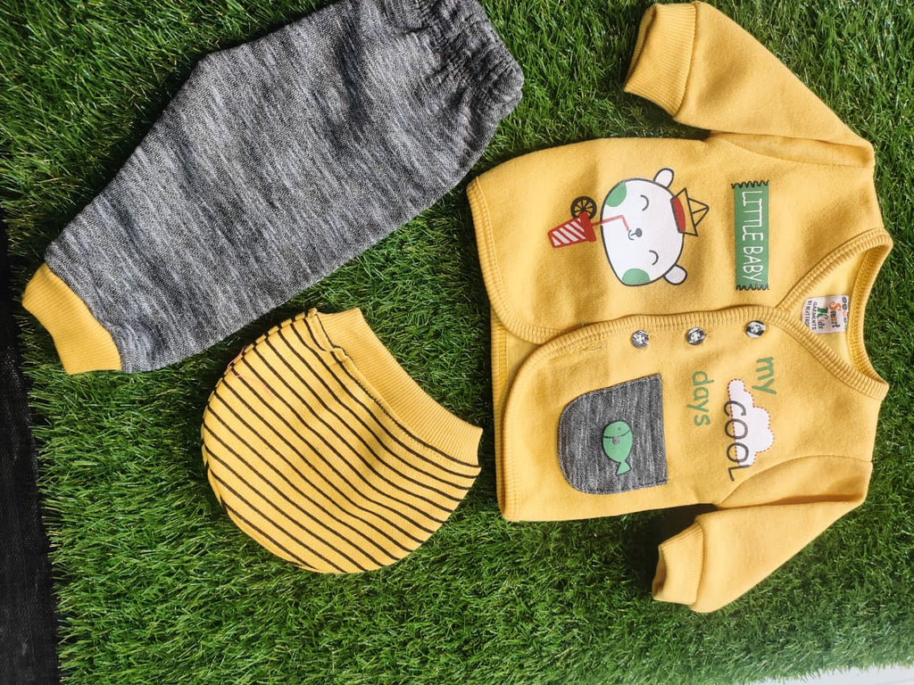 New Born Baby Boy Winter Dress Falees Stuff Cat And Fish Design In Yellow Color