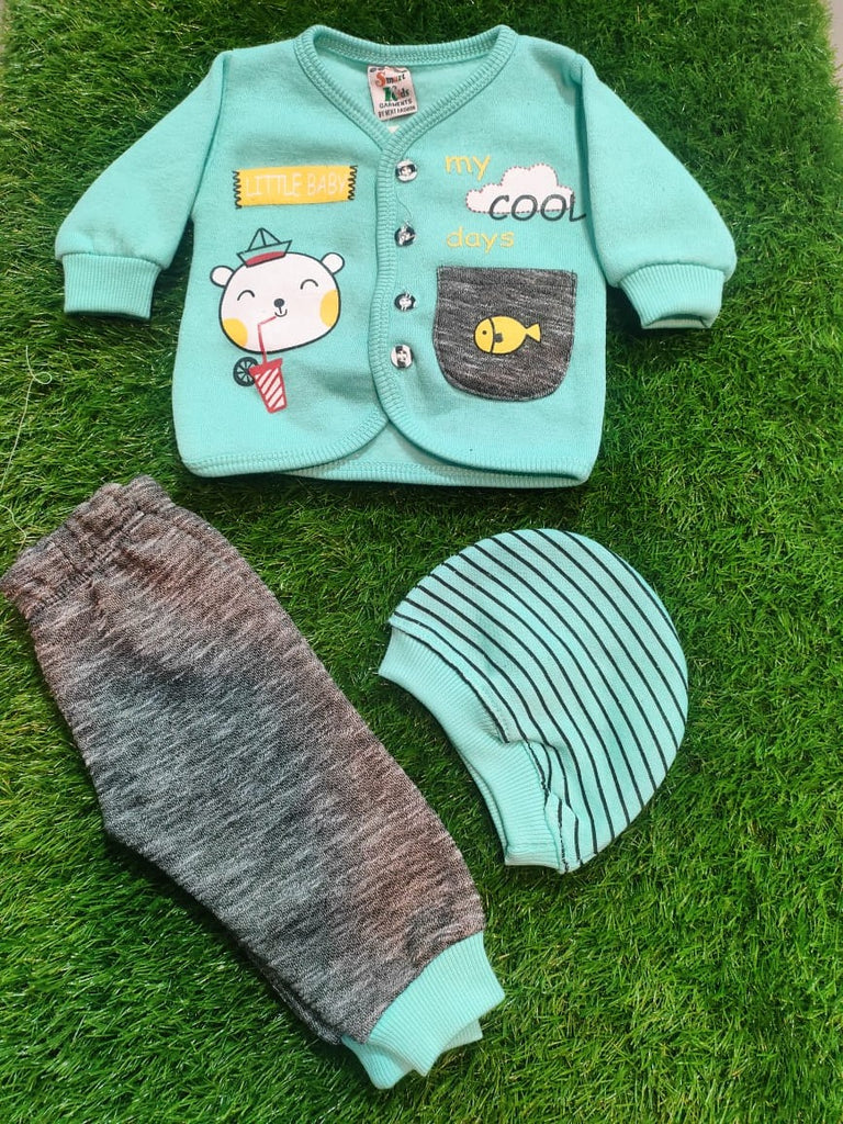 New Born Baby Boy Winter Dress Falees Stuff Cat And Fish Design In Light Green Color